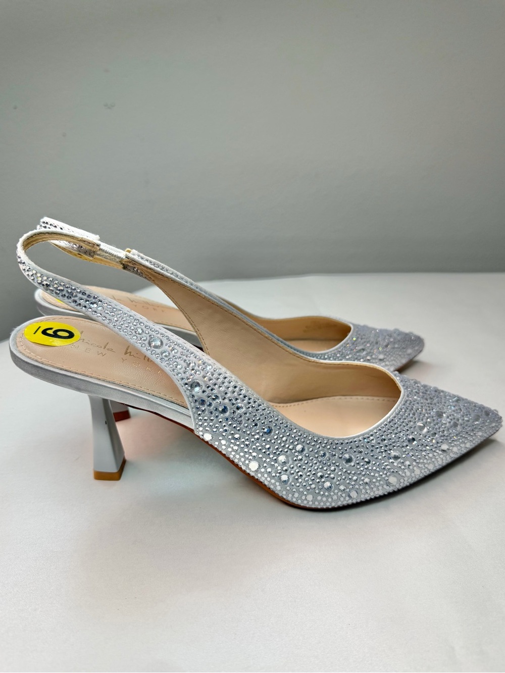 Nicole Miller Silver Crystal Slingback Heels